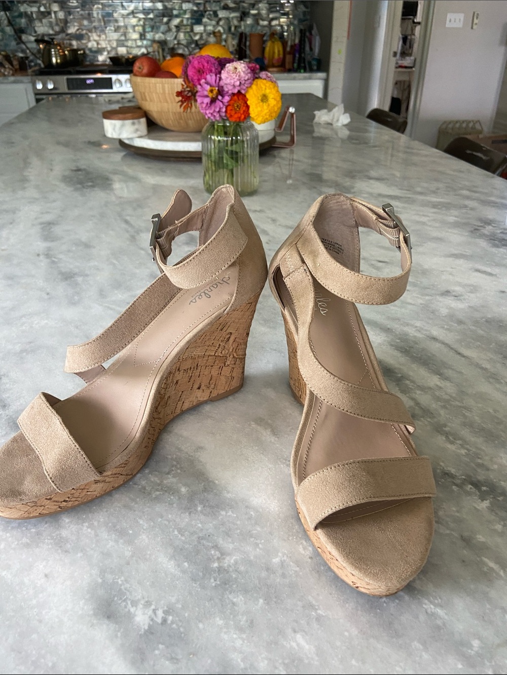 Charles David Beige Suede Cork Wedge Sandals